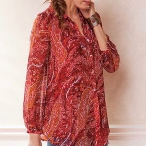 Soft Surroundings Long Sleeve Paisley Lined Blouse Large Red Orange